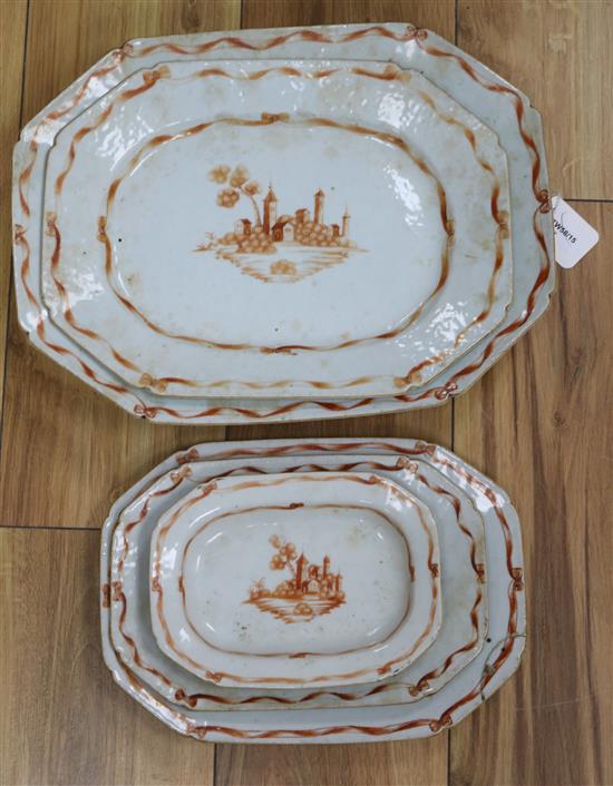 A set of five Chinese export graduated serving dishes, decorated in iron red in the European taste (worn, one repaired)